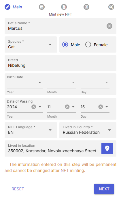 Providing Pet’s core details